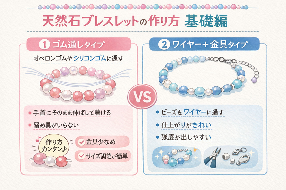 天然石ブレスレット、ゴムブレスとワイヤーブレスレットの違い